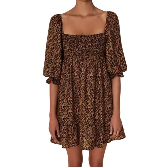 Faithfull the Brand Black Floral Puff Sleeve Smocked Mini Dress Size Large - Picture 1 of 7